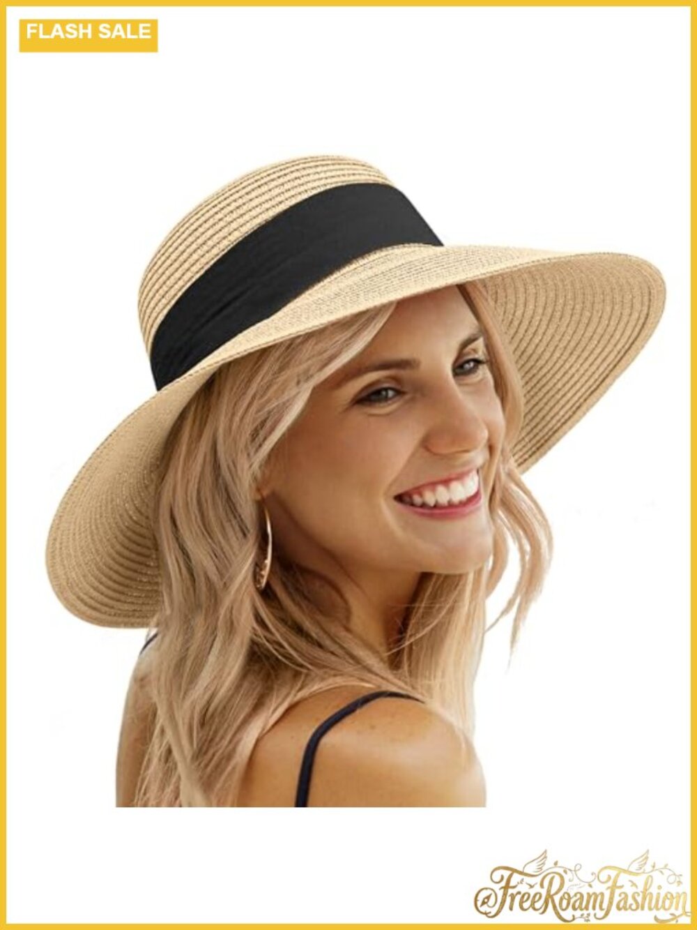 Wide Brim Straw Sun Hat Foldable Summer Beach Hat Adjustable Chin Strap